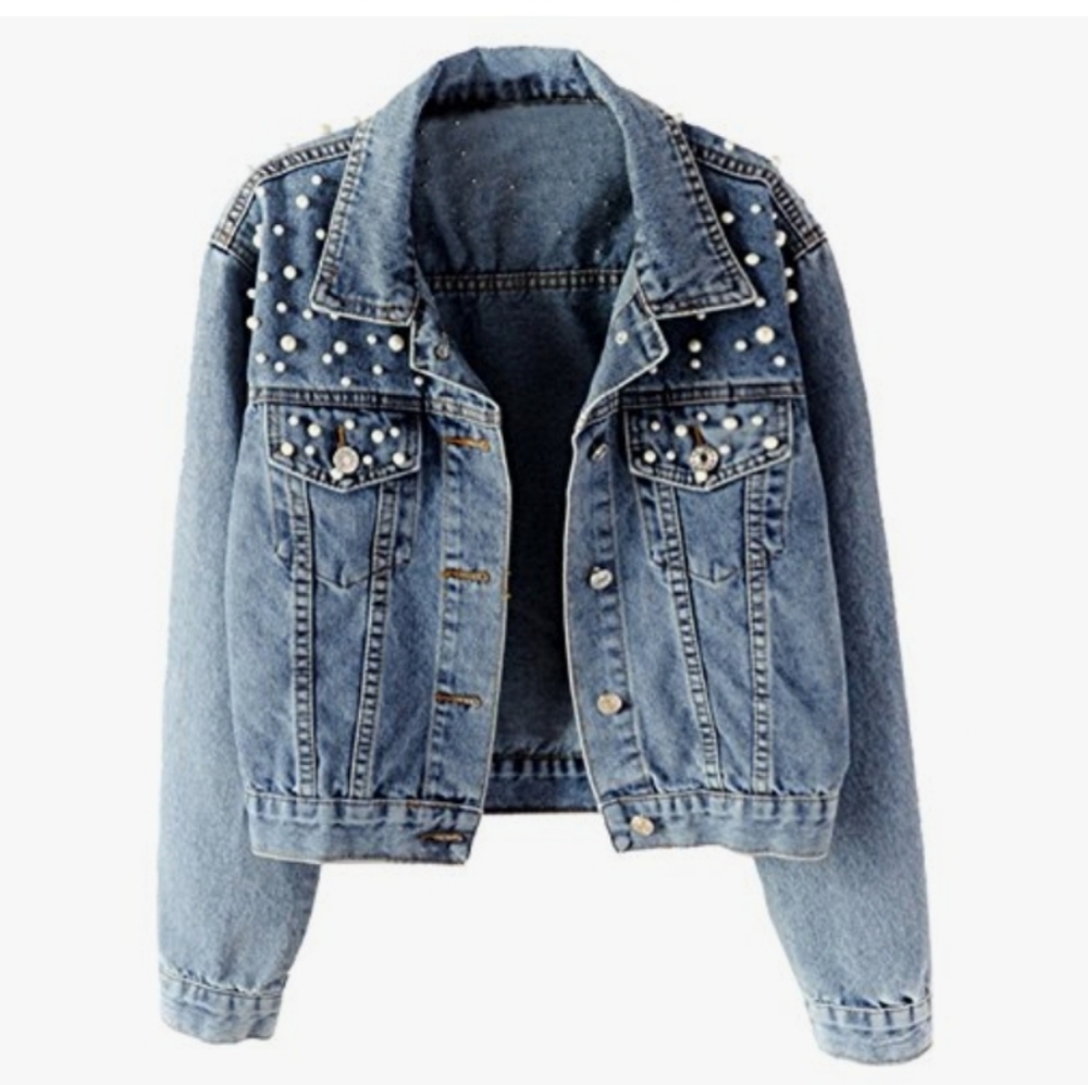 Pretty Robes Women's Jean Jacket Embelished Rivet Pearl Short Denim Jacket, L